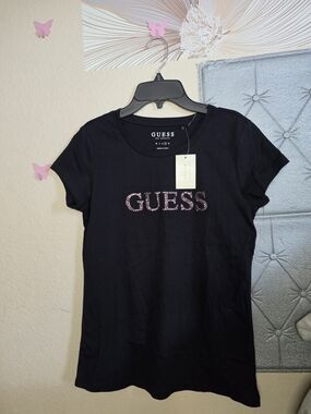 GUESS Women's Black Tee with Glitter Logo